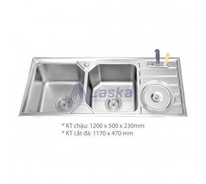 CHẬU RỦA CHÉN HAI HỘC CÓ Ô CHỨA RÁC CAO CẤP LASKA (BẢO HÀNH 3 NĂM) LCR – 09